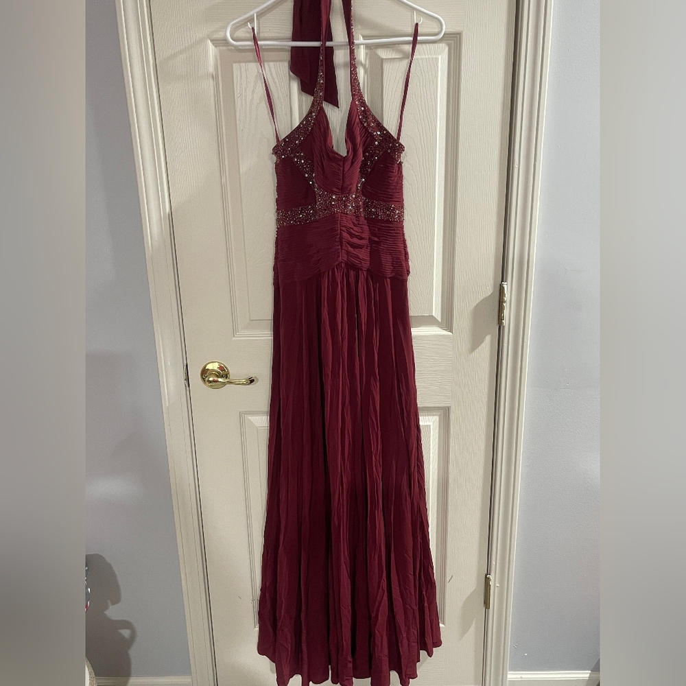 BCBGMAXAZRIA Womens‎ Maroon Red Burgundy Beaded Halter Formal Maxi Dress Size XS